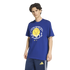 A male model in a blue Adidas t-shirt with a yellow South America graphic and "25 ANOS 2001" text, paired with matching blue athletic shorts.