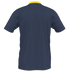 The back view of a short-sleeved navy blue polo shirt with a bright yellow collar.