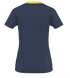 Back view of a navy blue short-sleeved t-shirt featuring a bright yellow crew-neck collar.