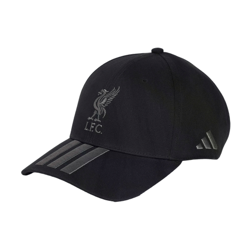 A black baseball cap featuring a grey Liverpool F.C. logo on the front, three stripes on the brim, and an Adidas logo on the side.