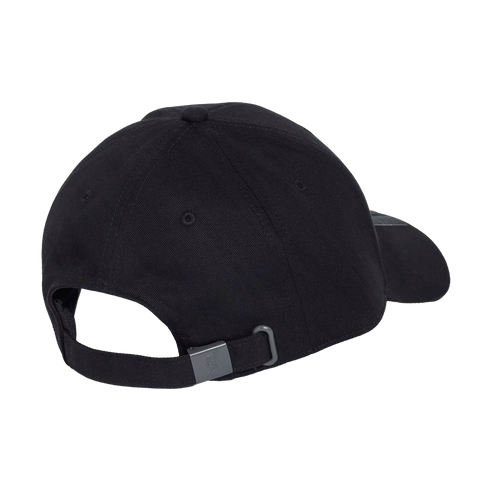 Back view of a black baseball cap featuring an adjustable fabric strap and metal slide buckle.