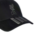 A black baseball cap featuring a silver Liverpool FC crest on the front and three silver Adidas stripes on the brim.