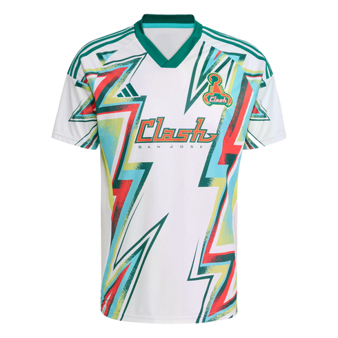 A white San Jose Clash soccer jersey with vibrant teal, red, and yellow lightning bolt patterns and the retro team logo on the chest.