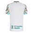 Back of a white soccer jersey with colorful geometric patterns on the sleeves and the "El Camino Health" logo on the lower back.
