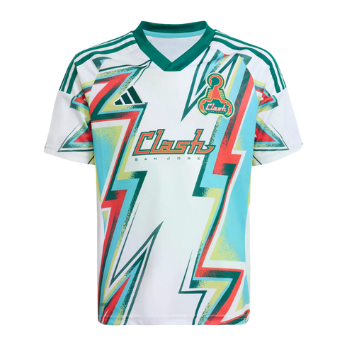 Adidas San Jose Clash soccer jersey with a white base and bold, colorful 90s-style graphic lightning bolts in teal, red, and yellow with green accents.