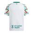 Back view of a white soccer jersey with colorful geometric patterned sleeves, a teal collar, and "El Camino Health" printed in teal at the bottom.