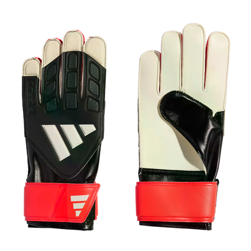 Adidas goalkeeper gloves in black, white, and red, shown from both the textured backhand with white stripes and the white palm side.