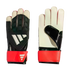 Adidas goalkeeper gloves in black, white, and red, shown from both the textured backhand with white stripes and the white palm side.