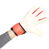 A hand wearing a white and red soccer goalkeeper glove with fingers spread wide.