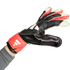 A hand wearing a black, red, and white goalkeeper glove with a red wrist strap, shown against a white background.