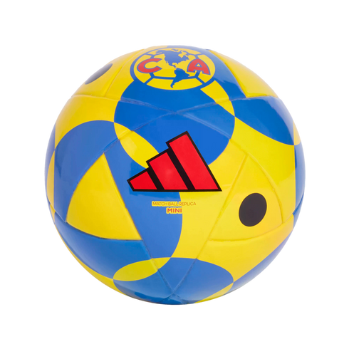 Yellow and blue patterned mini soccer ball with the Club América crest and a red Adidas logo. Text below the logo reads "MATCH BALL REPLICA MINI".