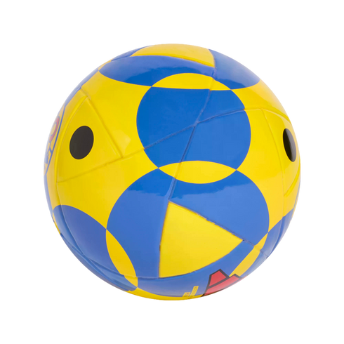 Blue and yellow soccer ball with a pattern of large interlocking circles and small black dots.