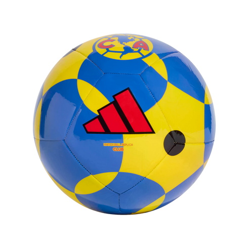 A yellow and blue patterned soccer ball featuring a red Adidas logo and the Club América crest.