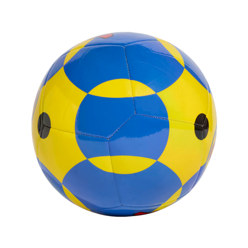 A shiny soccer ball with a blue and yellow interlocking circular pattern, isolated on a black background.