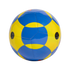 A shiny soccer ball with a blue and yellow interlocking circular pattern, isolated on a black background.
