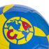 A blue and yellow soccer ball featuring the Club América logo, which includes a map of the Americas and red "C" and "A" letters.