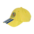 Yellow baseball cap featuring the Club América logo on the front and three blue stripes on the brim, set against a black background.