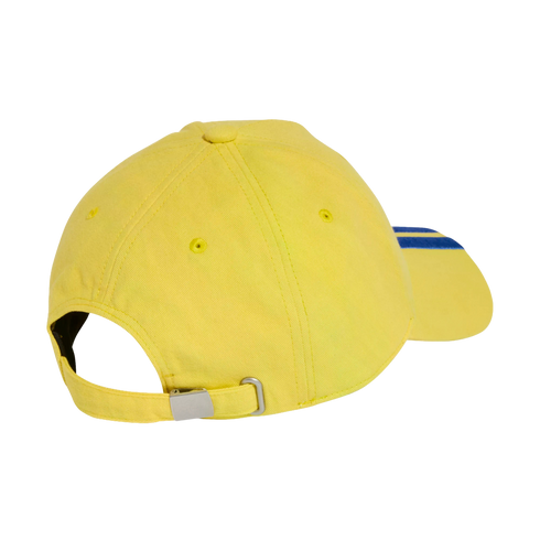 Rear side view of a bright yellow cotton baseball cap with an adjustable strap and silver buckle, showing blue stripes on the brim, set against a black background.