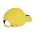 Rear side view of a bright yellow cotton baseball cap with an adjustable strap and silver buckle, showing blue stripes on the brim, set against a black background.