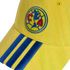 Yellow baseball cap featuring an embroidered Club América logo on the crown and three blue stripes on the brim.