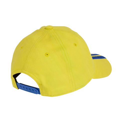 Rear-facing view of a bright yellow six-panel baseball cap featuring blue stripes on the visor and a blue adjustable snapback strap.