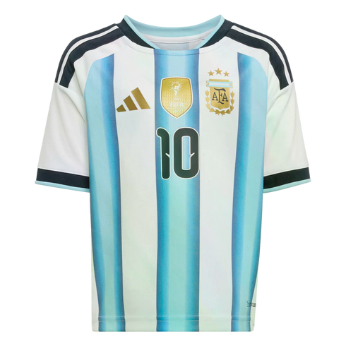 Argentina home football jersey with light blue and white vertical stripes, gold accents, and the number 10.