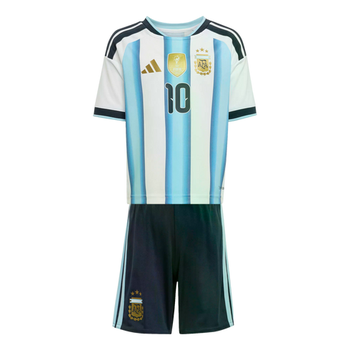 Kids' Argentina home kit: a light blue and white striped jersey with gold team badges and number 10, paired with matching black shorts.
