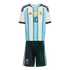 Kids' Argentina home kit: a light blue and white striped jersey with gold team badges and number 10, paired with matching black shorts.