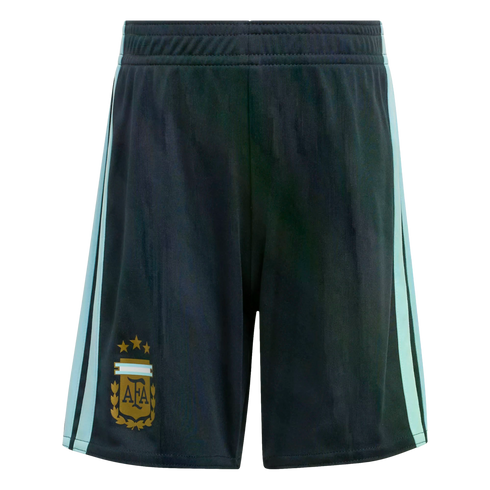 Navy blue soccer shorts with light blue side stripes and the Argentina (AFA) crest with three stars on the bottom left.