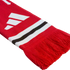 Red knitted scarf featuring a white three-bar logo, horizontal black and white stripes, and red fringe at the end.