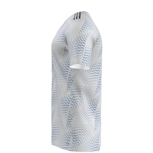 Side view of a white short-sleeved athletic jersey featuring a light blue halftone dot pattern and three black stripes on the shoulder.