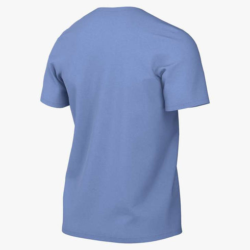Back view of a plain, light blue short-sleeved t-shirt.