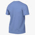 Back view of a plain, light blue short-sleeved t-shirt.