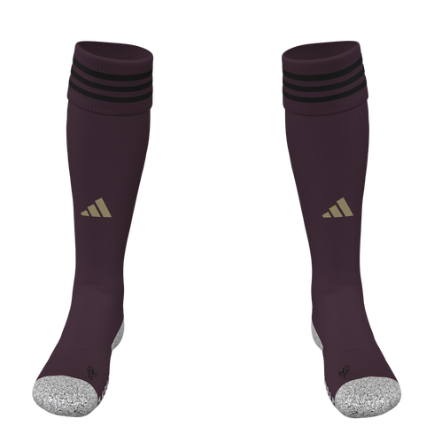 Pair of dark maroon Adidas knee-high soccer socks with three black stripes at the top cuff, a gold logo on the shin, and grey textured toes and heels.
