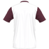 Back view of a white short-sleeved polo shirt featuring maroon sleeves and a maroon collar.
