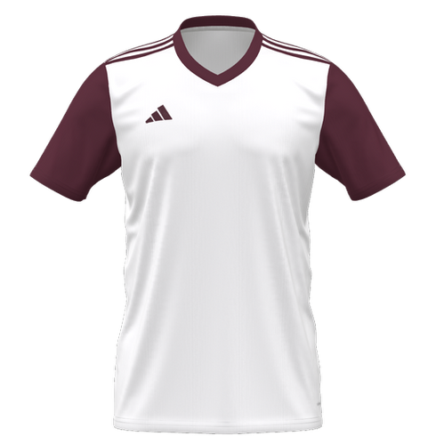 White Adidas soccer jersey with maroon short sleeves, a maroon V-neck collar, and maroon stripes on the shoulders.