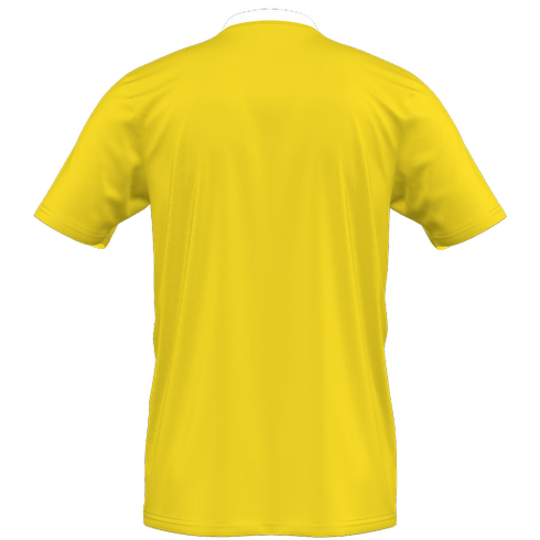 Back view of a blank yellow short-sleeved jersey with a white collar.