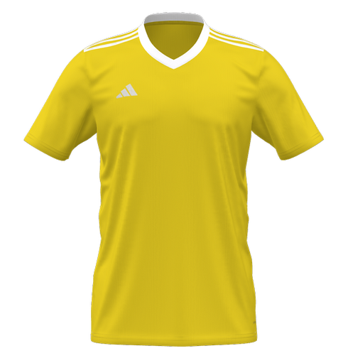 Bright yellow Adidas soccer jersey with a white V-neck, white shoulder stripes, and a white logo on the chest.