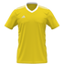 Bright yellow Adidas soccer jersey with a white V-neck, white shoulder stripes, and a white logo on the chest.
