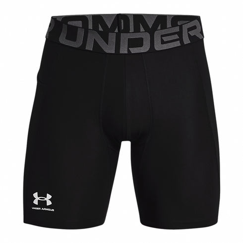 A pair of black Under Armour men's compression shorts with a grey branded waistband and white logo on the lower left leg.