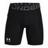 A pair of black Under Armour men's compression shorts with a grey branded waistband and white logo on the lower left leg.