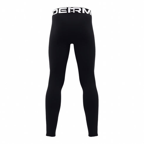 Rear view of black full-length compression leggings with a wide white waistband featuring black Under Armour branding.