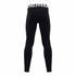 Rear view of black full-length compression leggings with a wide white waistband featuring black Under Armour branding.