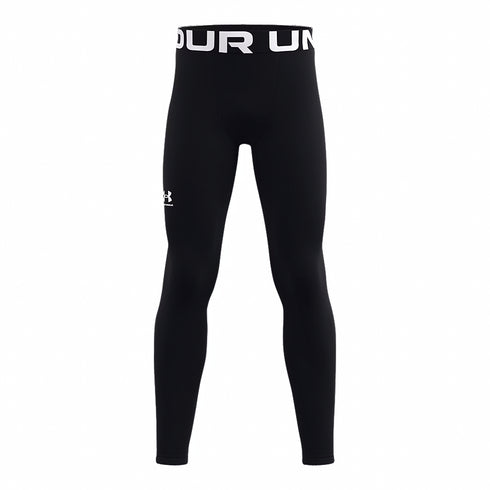 A pair of black Under Armour compression leggings with a white branded waistband and side logo, front view.