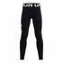 A pair of black Under Armour compression leggings with a white branded waistband and side logo, front view.