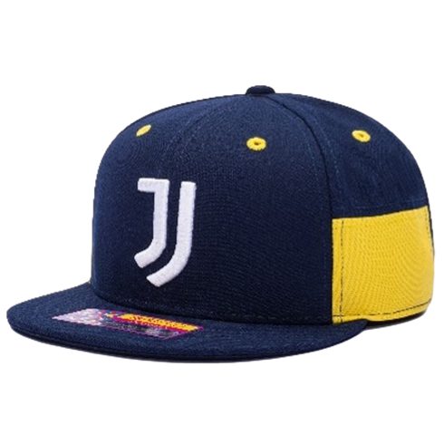 Navy blue flat-brim baseball cap featuring a white Juventus "JJ" logo on the front, yellow eyelets, and a yellow side panel.