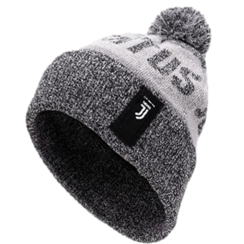 A grey and white knitted pom-pom beanie featuring a black patch with a white Juventus logo and the team name around the crown.