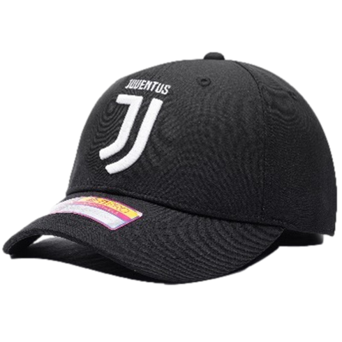 Black baseball cap with white Juventus FC "J" logo and text embroidered on the front. A small holographic sticker is visible on the brim.