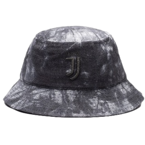 Dark grey and white tie-dye bucket hat featuring a black embroidered Juventus "J" logo on the front.