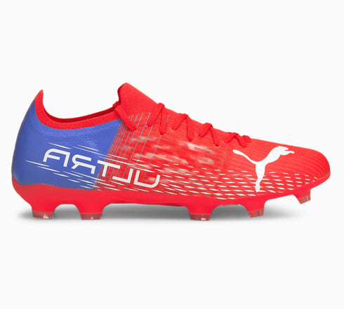 A red and blue Puma Ultra soccer cleat with a white leaping cat logo and "ULTRA" branding on the side.